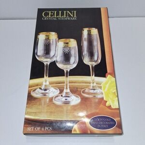 Set of 4 Cellini Crystal Stemware Water Glasses 24 KT Gold Hand‎ Decorated Italy